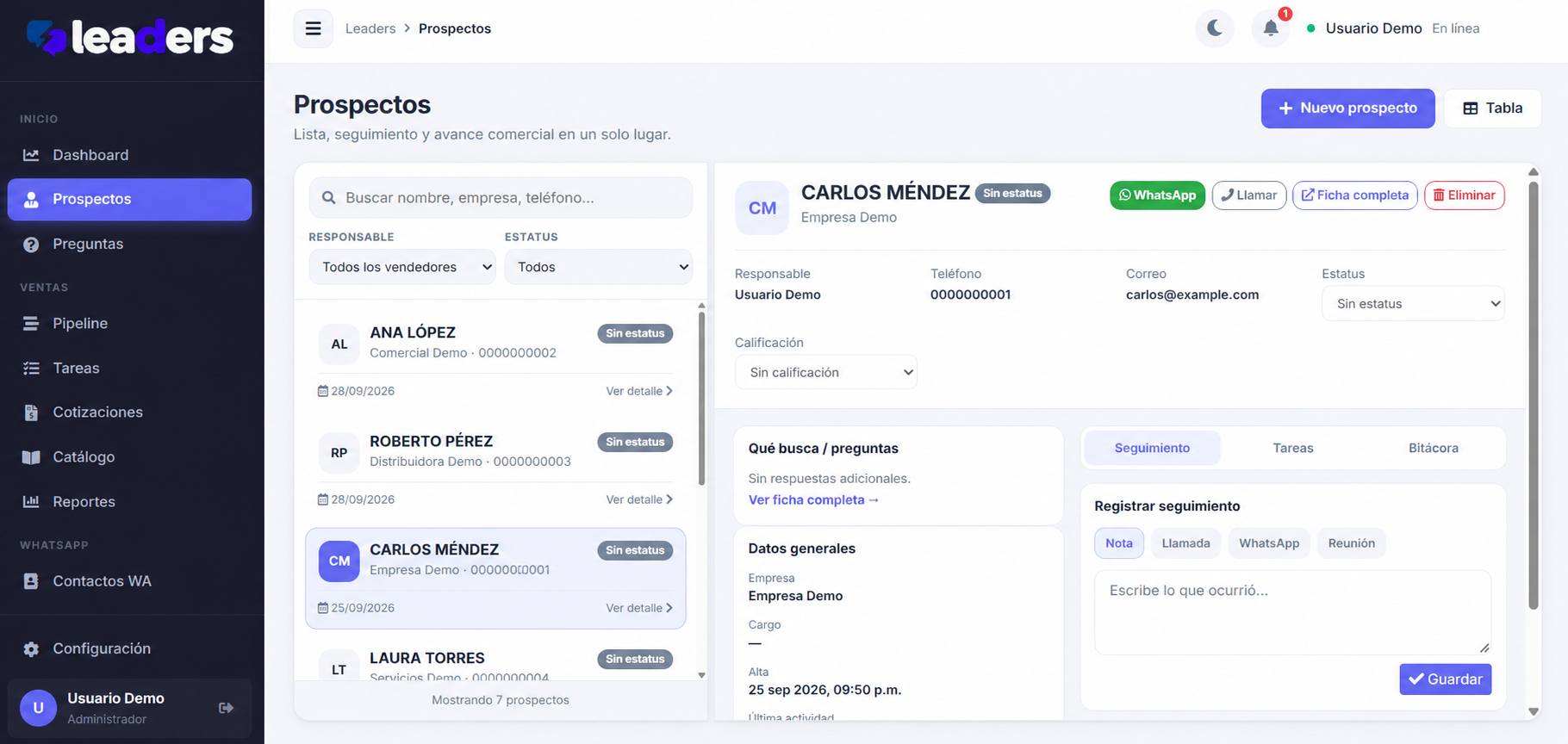 Leaders — listado de prospectos y ficha de seguimiento comercial